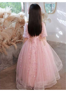 Rose Tulle Wedding Flower Girl Dress with Golden Sequins and Pearls