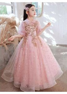 Rose Tulle Wedding Flower Girl Dress with Golden Sequins and Pearls