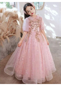 Rose Tulle Wedding Flower Girl Dress with Golden Sequins and Pearls