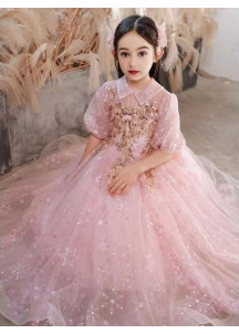 Rose Tulle Wedding Flower Girl Dress with Golden Sequins and Pearls