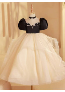 Vestido de Niña de la Flor con Corsage de Seda Negra y Falda de Tul de Marfil Multicapa