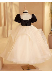 Black Satin Bodice with Ivory Tulle Multi-Layered Skirt Flower Girl Dress