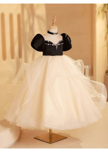 Black Satin Bodice with Ivory Tulle Multi-Layered Skirt Flower Girl Dress