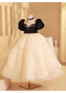 Black Satin Bodice with Ivory Tulle Multi-Layered Skirt Flower Girl Dress