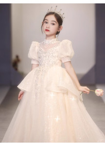 Ivory Tulle Flower Girl Dress with High Collar and Short Puffed Sleeves