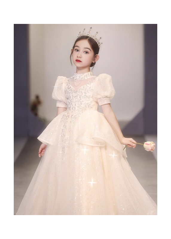 Ivory Tulle Flower Girl Dress with High Collar and Short Puffed Sleeves