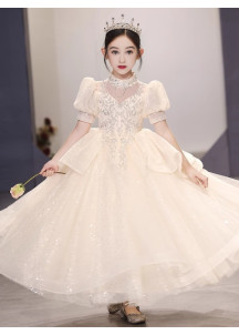 Ivory Tulle Flower Girl Dress with High Collar and Short Puffed Sleeves