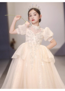 Ivory Tulle Flower Girl Dress with High Collar and Short Puffed Sleeves