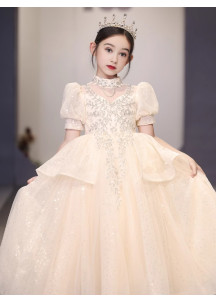 Ivory Tulle Flower Girl Dress with High Collar and Short Puffed Sleeves