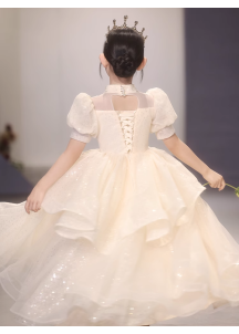 Ivory Tulle Flower Girl Dress with High Collar and Short Puffed Sleeves