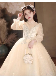 robe soirée petite fille en tulle champagne recouverte de sequins scintillants