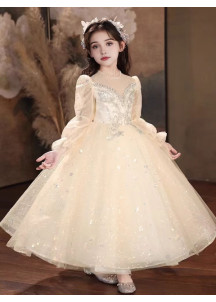 robe soirée petite fille en tulle champagne recouverte de sequins scintillants