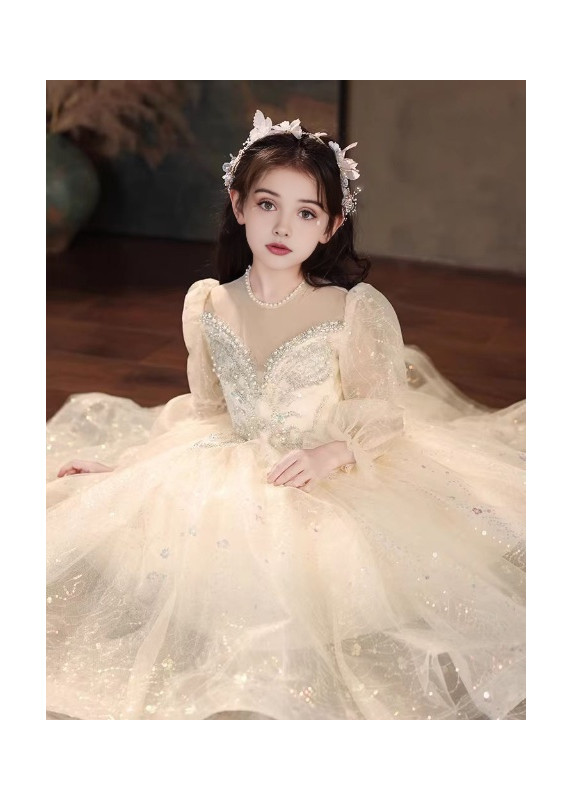 robe soirée petite fille en tulle champagne recouverte de sequins scintillants