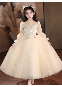 robe soirée petite fille en tulle champagne recouverte de sequins scintillants