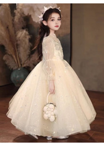 robe soirée petite fille en tulle champagne recouverte de sequins scintillants