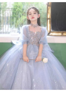 robe  cérémonie hivernale enfant en tulle bleu glacier avec jupe volumineuse