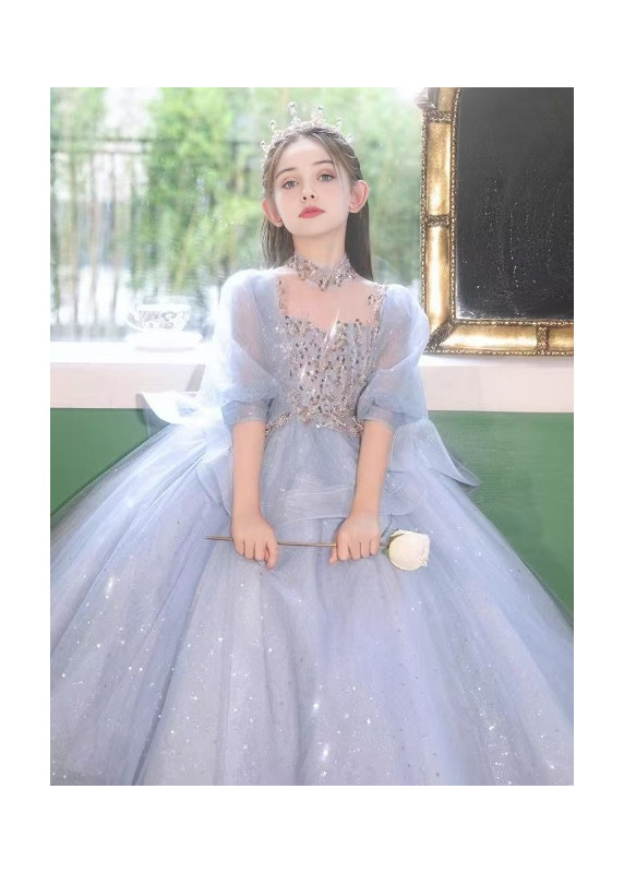 robe  cérémonie hivernale enfant en tulle bleu glacier avec jupe volumineuse