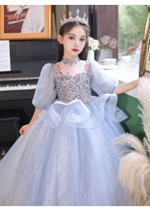 robe  cérémonie hivernale enfant en tulle bleu glacier avec jupe volumineuse