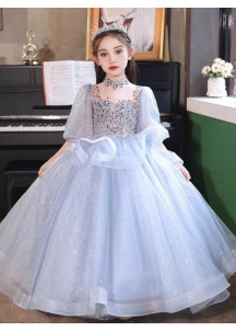 robe  cérémonie hivernale enfant en tulle bleu glacier avec jupe volumineuse