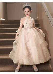 robe soirée de gala enfant en tulle champagne avec bretelles ornées de perles tombantes