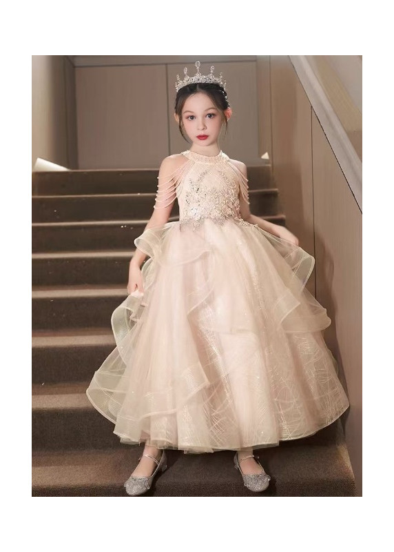 robe soirée de gala enfant en tulle champagne avec bretelles ornées de perles tombantes