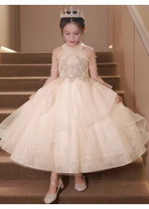 robe soirée de gala enfant en tulle champagne avec bretelles ornées de perles tombantes