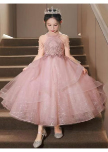 robe soirée de gala enfant en tulle champagne avec bretelles ornées de perles tombantes