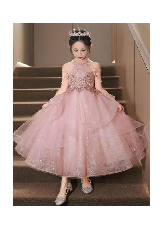 robe soirée de gala enfant en tulle champagne avec bretelles ornées de perles tombantes