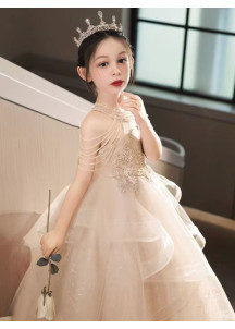 Evening Gala Dress for Little Girl in Champagne Tulle