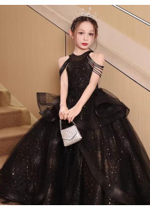 robe soirée de gala enfant en tulle champagne avec bretelles ornées de perles tombantes