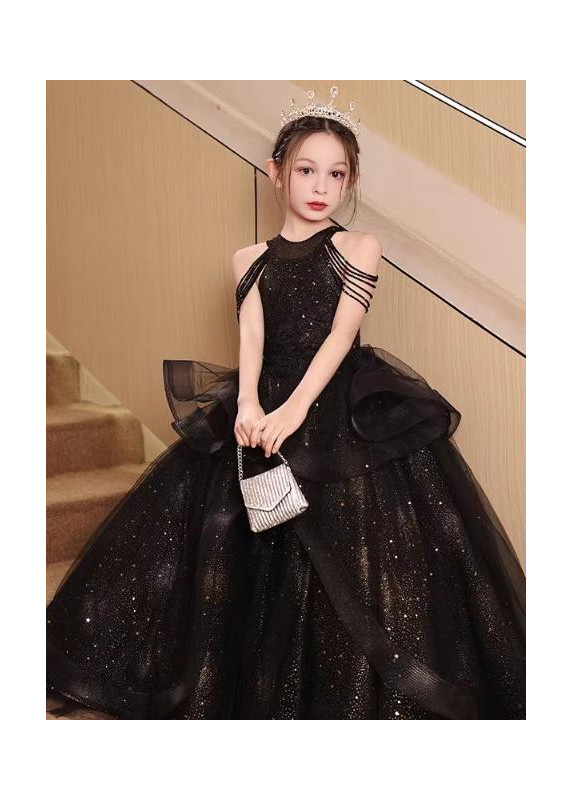 robe soirée de gala enfant en tulle champagne avec bretelles ornées de perles tombantes