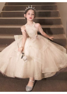 robe soirée de gala enfant en tulle champagne avec bretelles ornées de perles tombantes