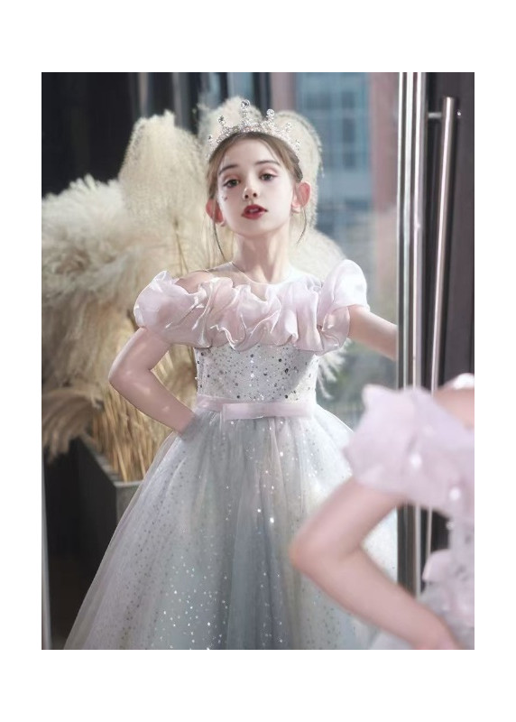 Gray Tulle Evening Gala Dress for a Child with Organza Draping on the Shoulders