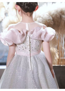 Gray Tulle Evening Gala Dress for a Child with Organza Draping on the Shoulders