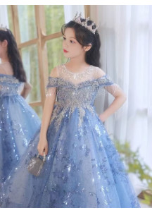 Winter Wonderland Evening Gown in Blue Tulle with Hanging Fringes