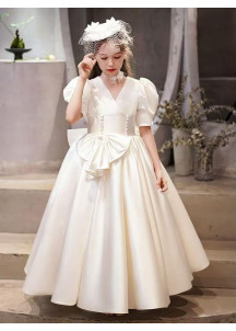 Classic White Satin Wedding Dress for a Child with Decorative Button Trim