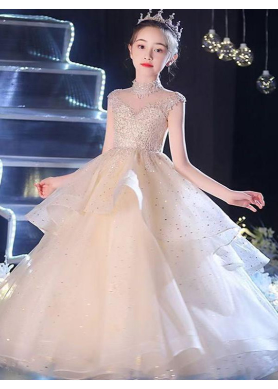 Fairy Tale Wedding Dress for a Child in Champagne Tulle with Pearl and Sequin Embroidery