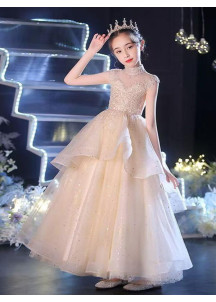 robe fille mariage féerique en tulle champagne brodé de perles et de sequins