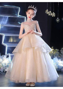 Fairy Tale Wedding Dress for a Child in Champagne Tulle with Pearl and Sequin Embroidery