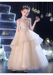 Fairy Tale Wedding Dress for a Child in Champagne Tulle with Pearl and Sequin Embroidery