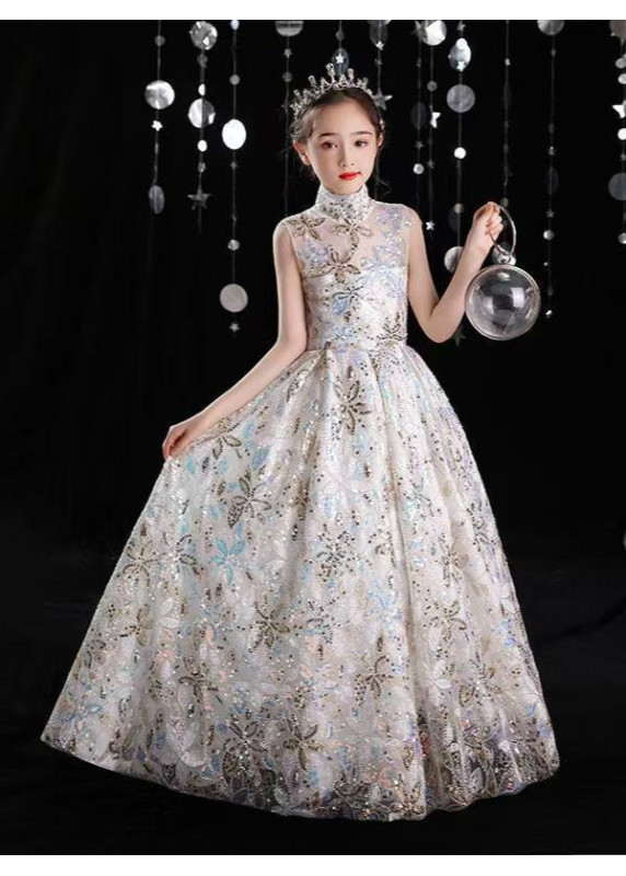 Multicolored Sequin Evening Dress for a Child with High Neckline