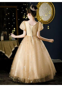 robe fille de cérémonie en tulle doré parsemé d'étoiles brillantes