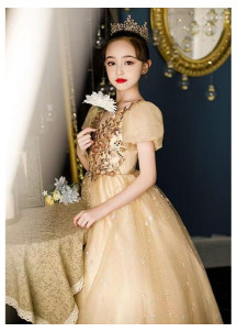 Ceremonial Girl's Dress in Golden Tulle with Sparkling Stars