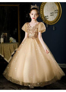 robe fille de cérémonie en tulle doré parsemé d'étoiles brillantes