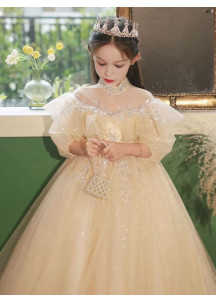 Champagne-Colored Ceremonial Dress for Girls with Transparent High Collar and Exposed Shoulders