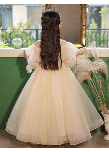 Champagne-Colored Ceremonial Dress for Girls with Transparent High Collar and Exposed Shoulders