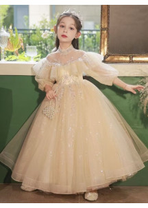 robe fille de cérémonie champagne avec col montant transparent et les épaules dégagées