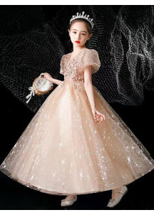 Champagne-Colored Ceremonial Dress for Girls with V-Neck and Short Puffy Sleeves