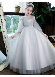 robe fille de cérémonie en tulle gris argenté avec manches longues bouffantes