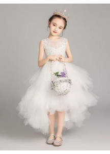 Elegant White Flower Girl Dress with Asymmetrical Skirt